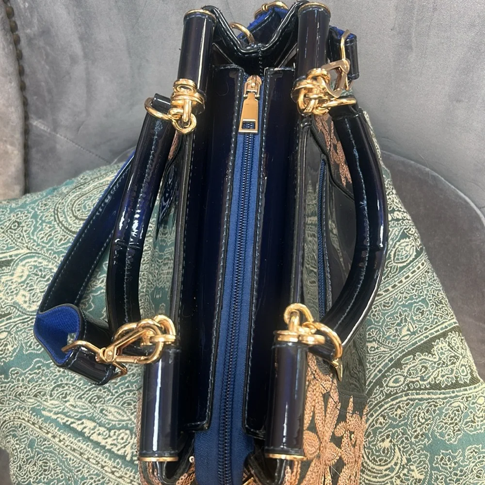 Like new—Patent Navy and Gold Sequin  Handbag w/removable, adjustable strap